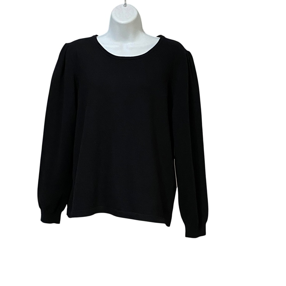 CeCe Womens XL Black Puff Sleeve Knit Top Round Neck Keyhole Back Pearl Button